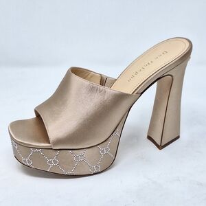 Dee Ocleppo Champagne Silk Satin Platform Heel With Rhinestone Signature Sandal